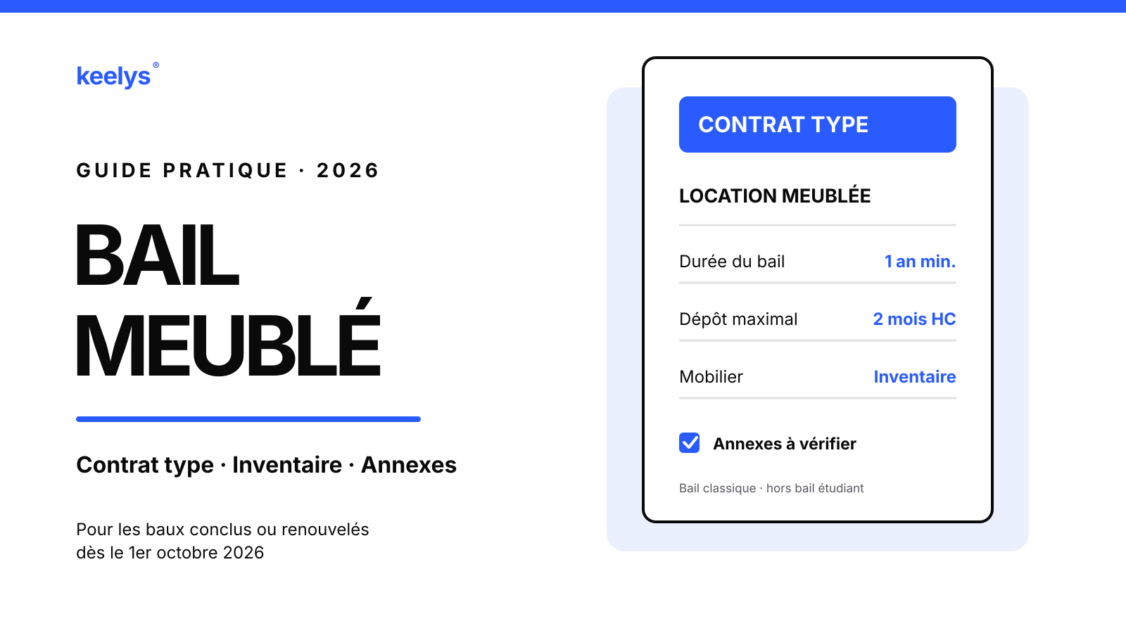 Illustration Keelys d’un contrat de location meublée avec inventaire du mobilier et repère au 1er octobre 2026