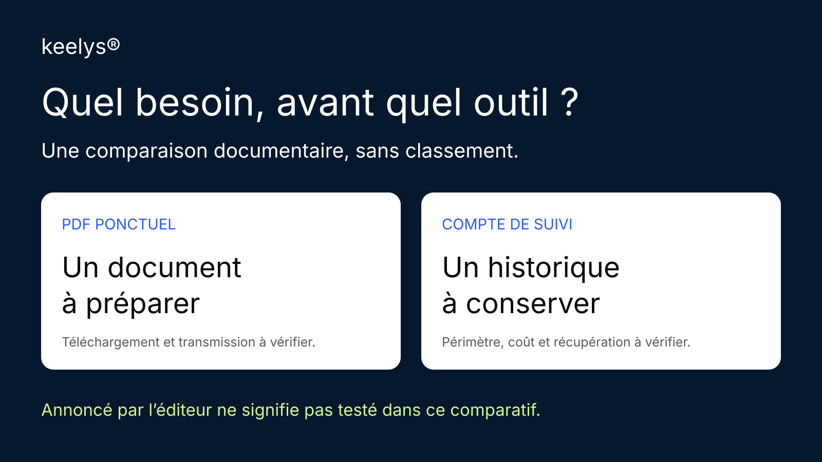 Deux besoins distincts : préparer un PDF ponctuel ou conserver et suivre les documents dans un compte. Aucun classement de logiciels.